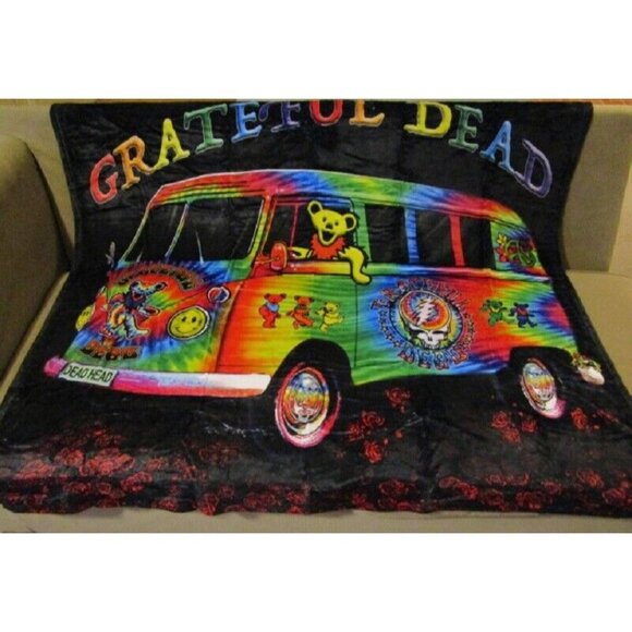 New Tie Dye Grateful Dead Van Bus Plush Throw Gift Blanket Dancing Bears Hippie - Picture 2 of 4